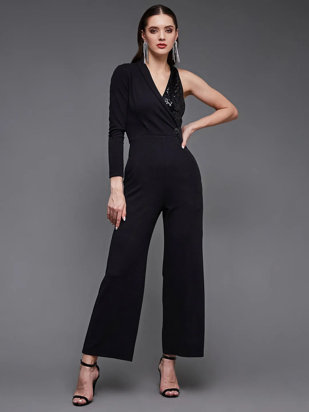 Women's Black Sequined Shawl Collar Asymmetric Blazer-Styled Slim Fit Party Jumpsuit