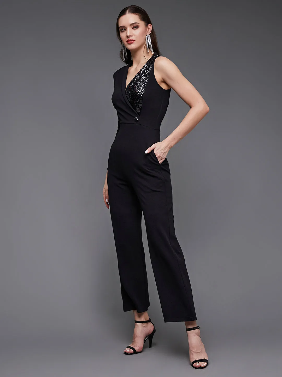 Women's Black Sequined Shawl Collar Asymmetric Blazer-Styled Slim Fit Party Jumpsuit