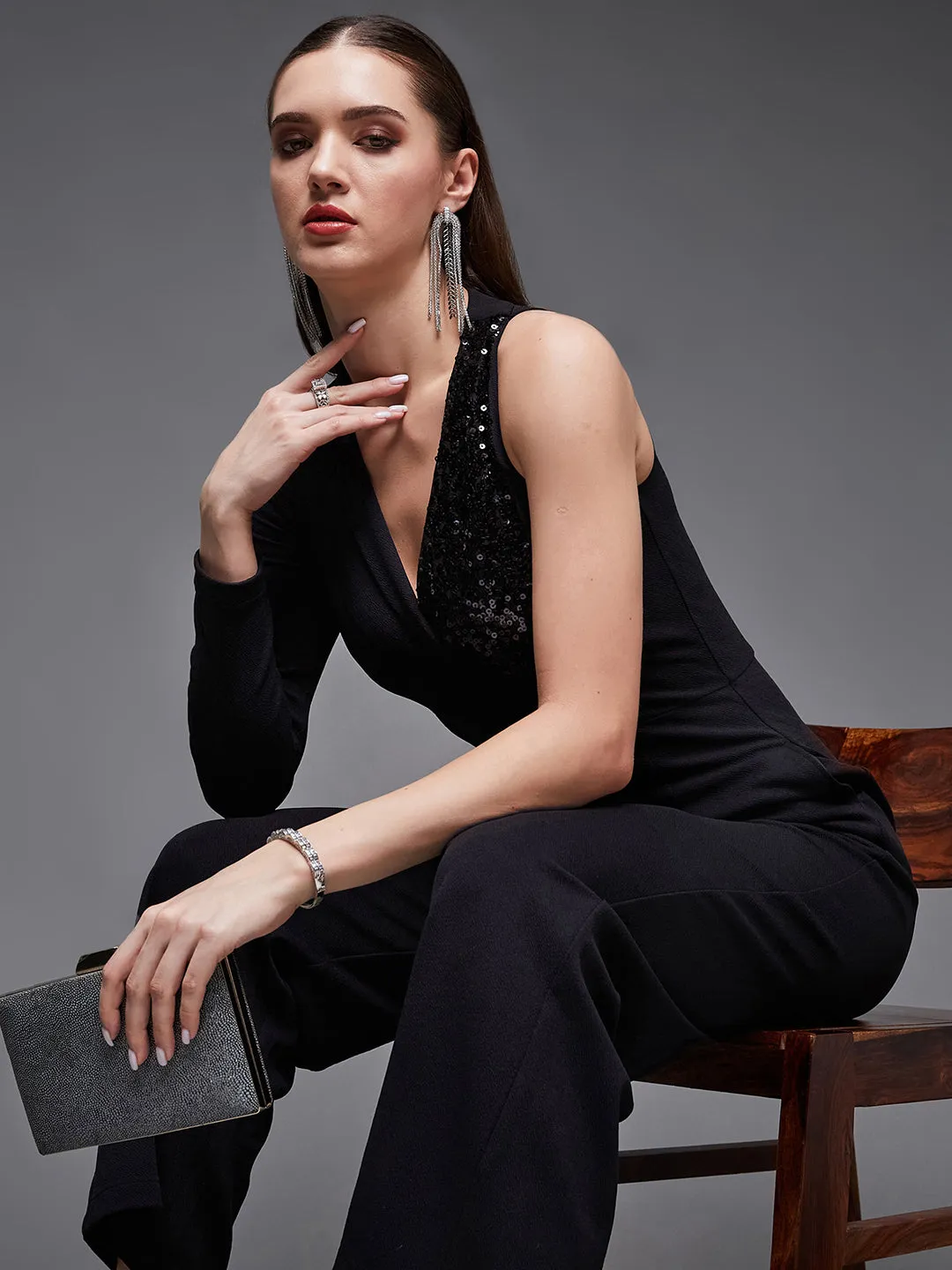 Women's Black Sequined Shawl Collar Asymmetric Blazer-Styled Slim Fit Party Jumpsuit