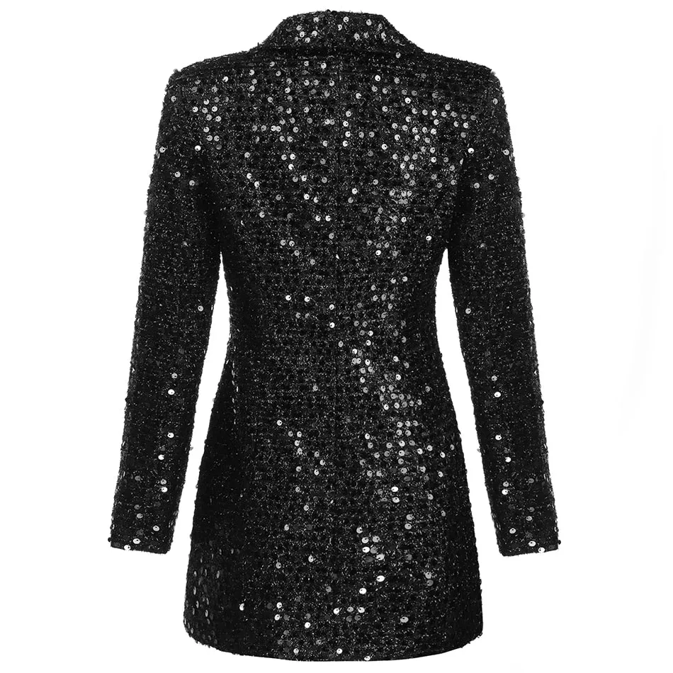 Women's Elegant Sequined Black Blazer Dress with Buttons | Ideal for All Seasons