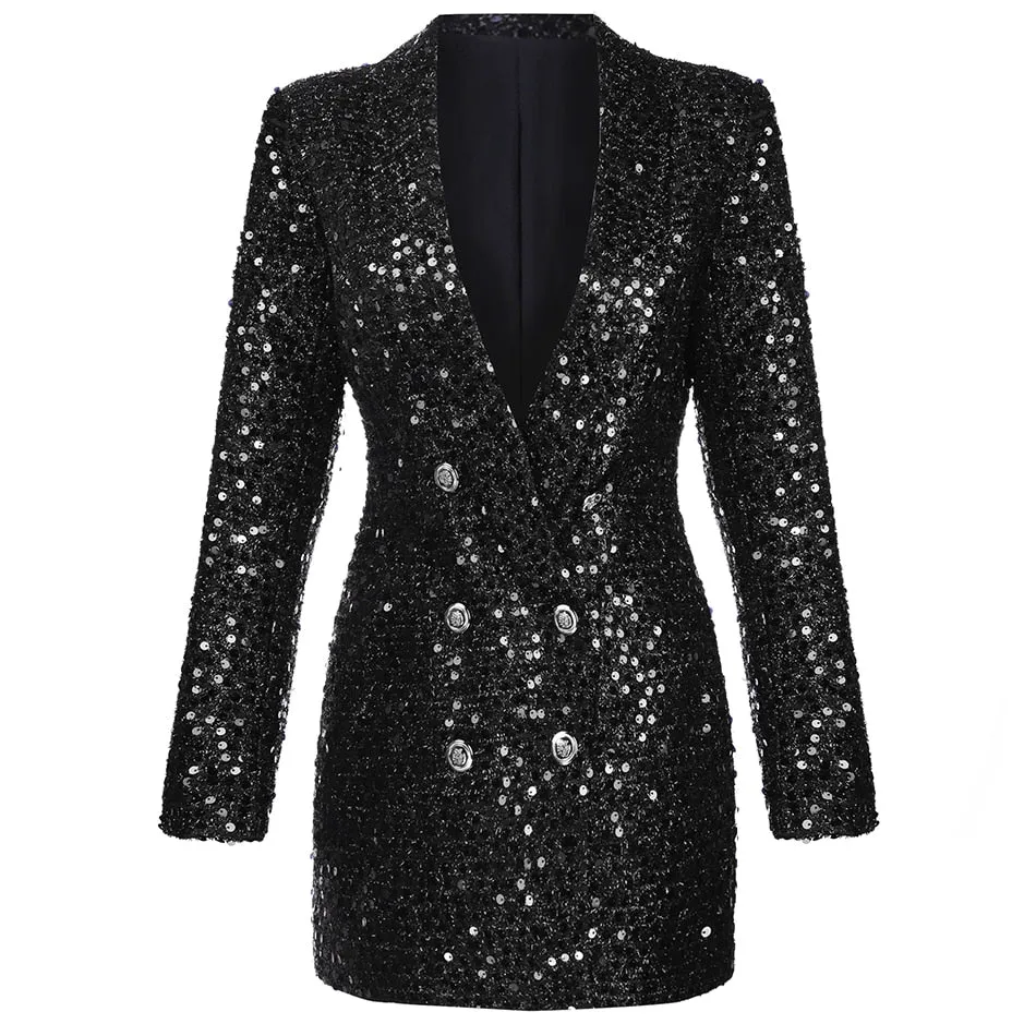 Women's Elegant Sequined Black Blazer Dress with Buttons | Ideal for All Seasons