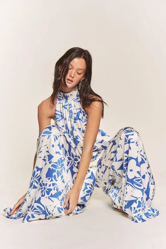 Women's Hers & Mine Butter Satin Pleated Halter Wide Leg Jumpsuit