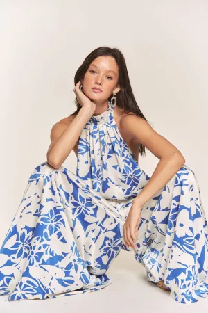Women's Hers & Mine Butter Satin Pleated Halter Wide Leg Jumpsuit
