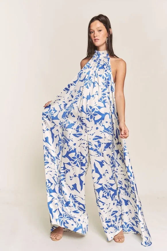 Women's Hers & Mine Butter Satin Pleated Halter Wide Leg Jumpsuit