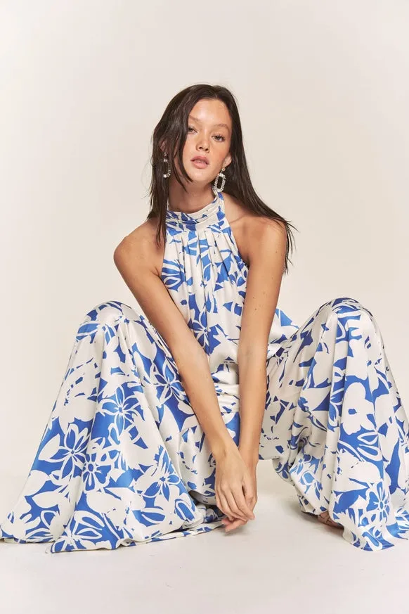 Women's Hers & Mine Butter Satin Pleated Halter Wide Leg Jumpsuit