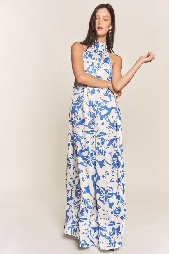 Women's Hers & Mine Butter Satin Pleated Halter Wide Leg Jumpsuit