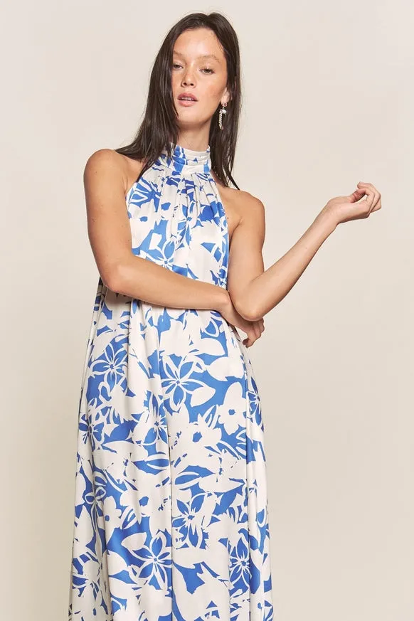 Women's Hers & Mine Butter Satin Pleated Halter Wide Leg Jumpsuit