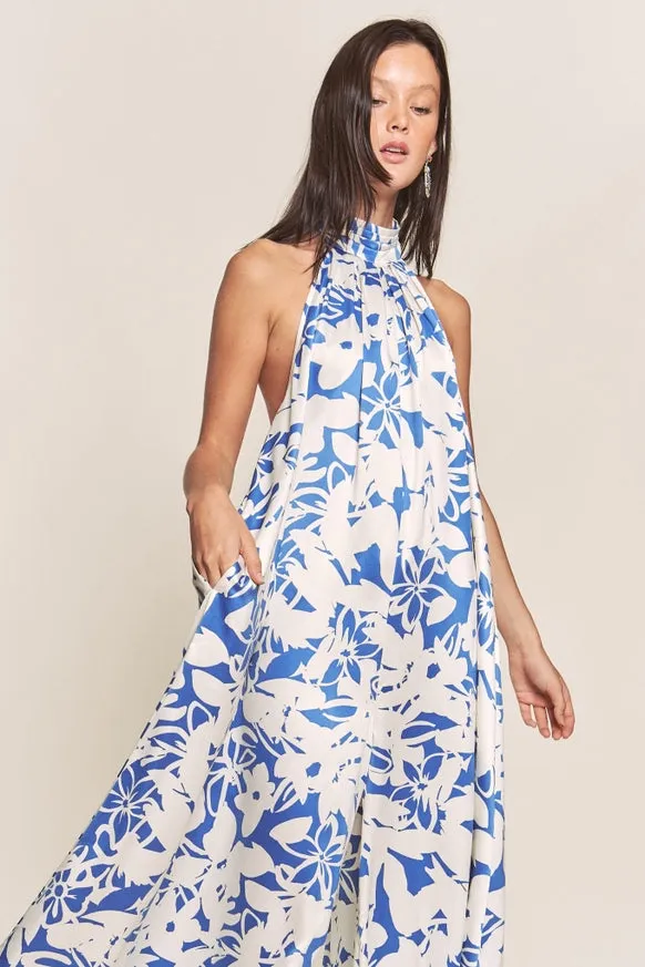 Women's Hers & Mine Butter Satin Pleated Halter Wide Leg Jumpsuit