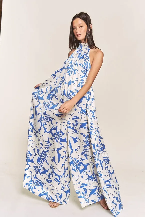 Women's Hers & Mine Butter Satin Pleated Halter Wide Leg Jumpsuit