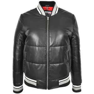 Womens Real Leather Puffer Bomber Jacket Dolly Black
