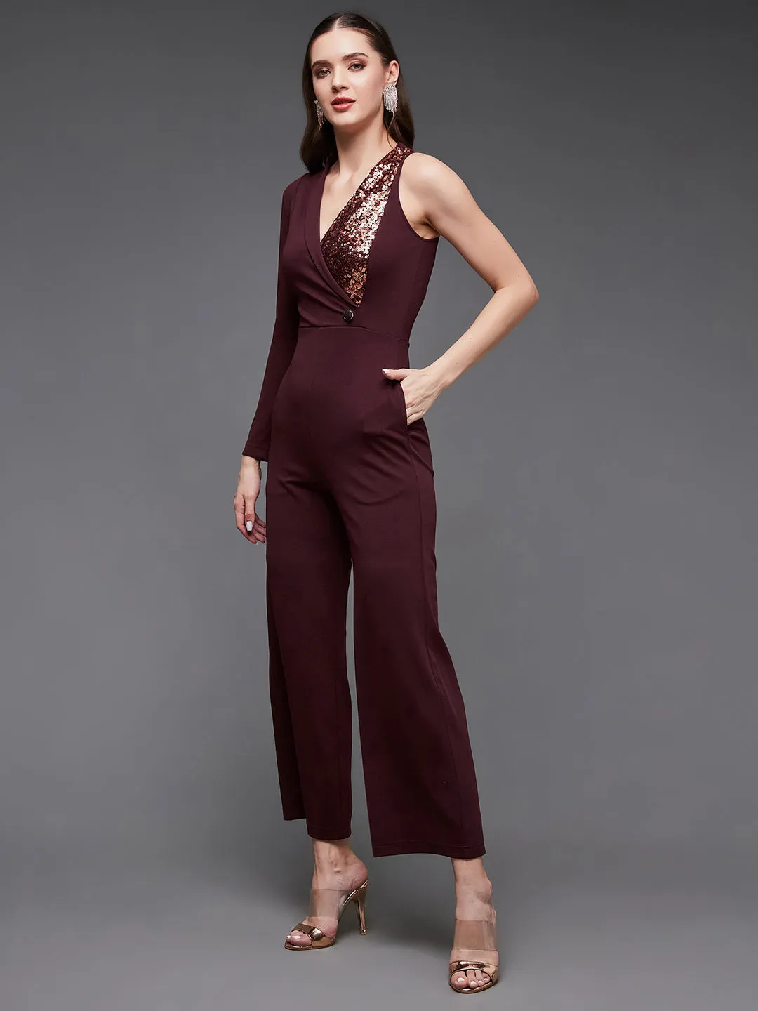 Women's Wine Embellished Shawl Collar Asymmetric Sequined Party Blazer Jumpsuit