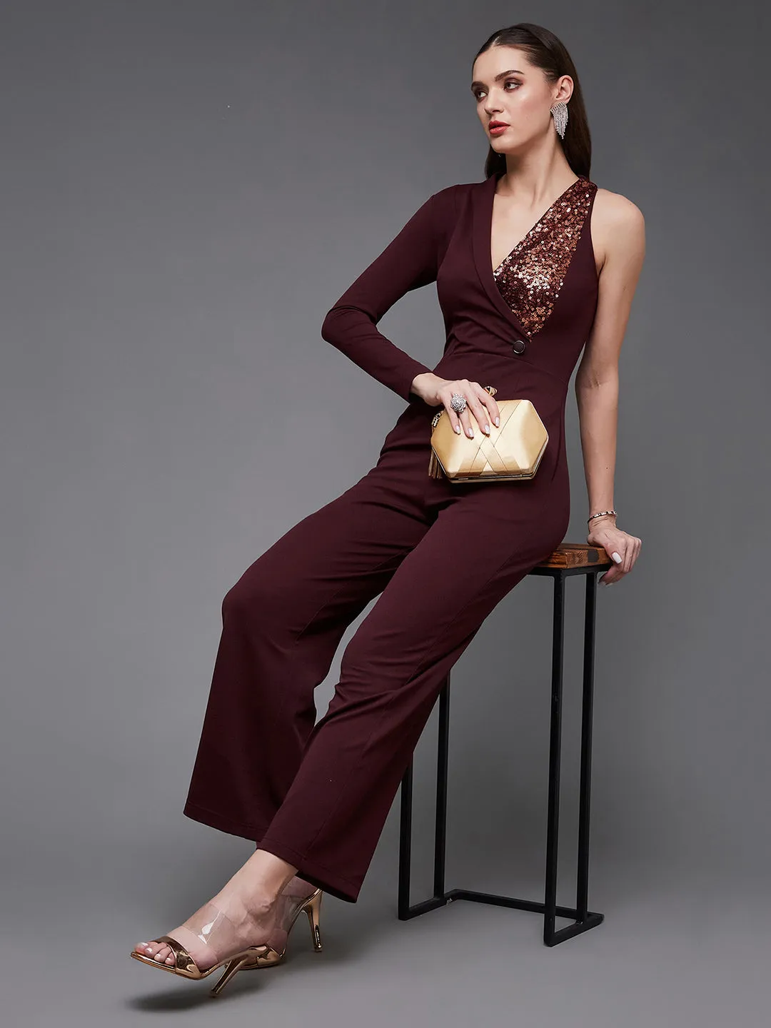 Women's Wine Embellished Shawl Collar Asymmetric Sequined Party Blazer Jumpsuit