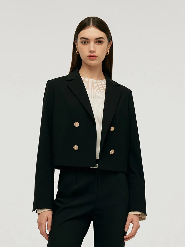 Worsted Woolen Crop Blazer With Detachable Sleeve