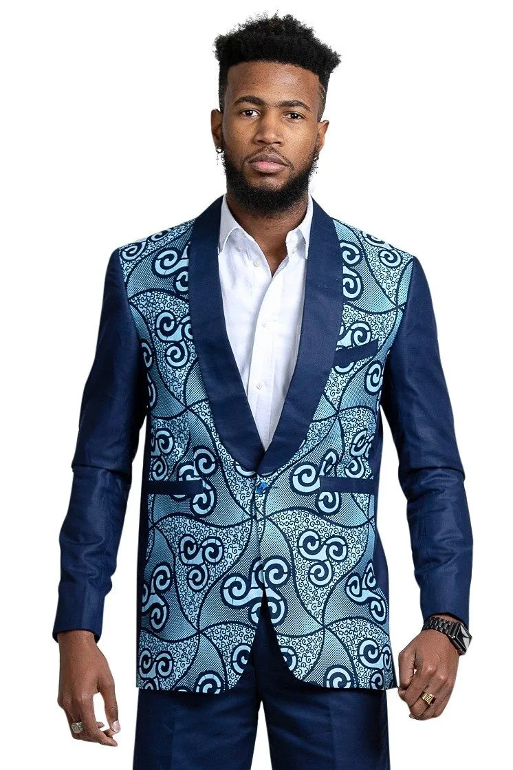 Zain Navy Blue Men's African Print Suit (Blazer   Pant)