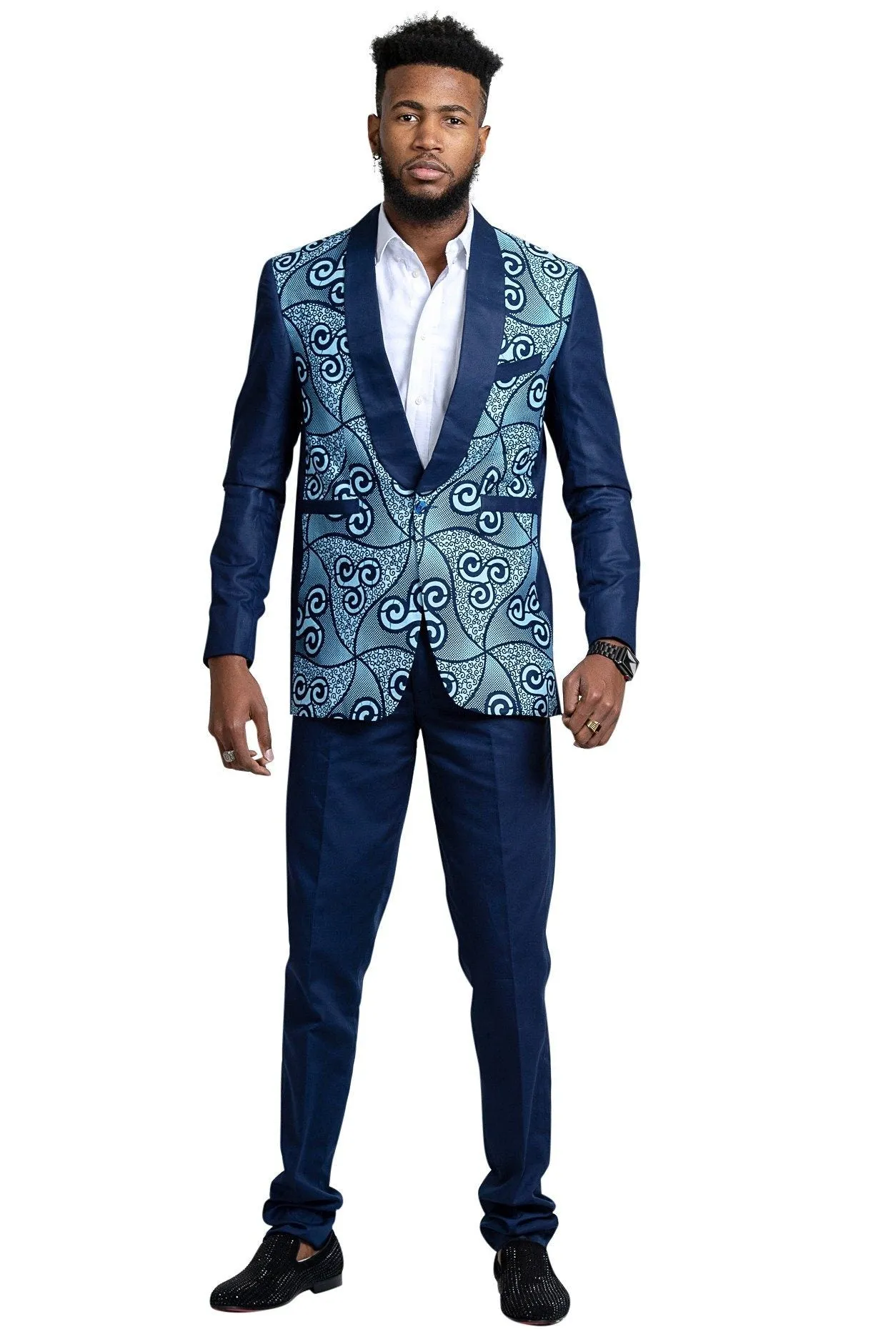Zain Navy Blue Men's African Print Suit (Blazer   Pant)