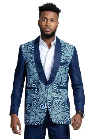 Zain Navy Blue Men's African Print Suit (Blazer   Pant)