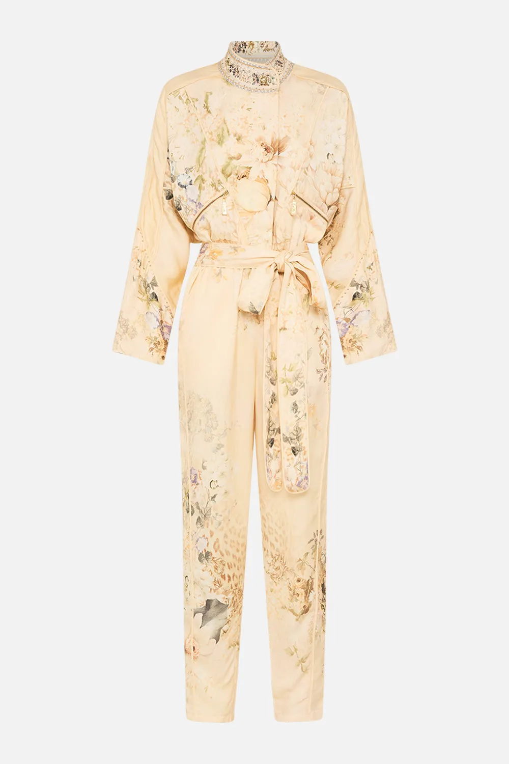 ZIP FRONT PANEL JUMPSUIT ADORNED IN ANTIQUITY