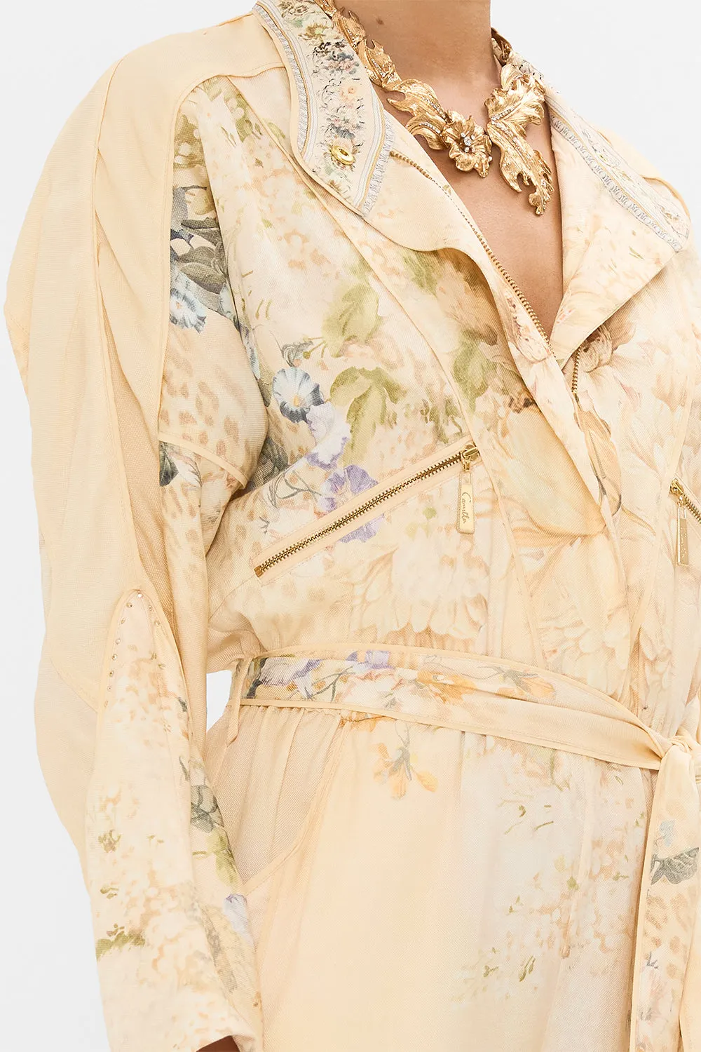 ZIP FRONT PANEL JUMPSUIT ADORNED IN ANTIQUITY