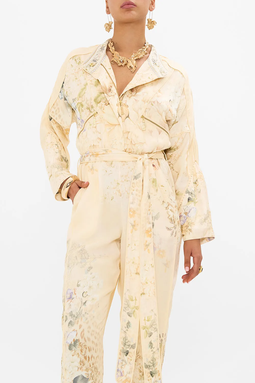 ZIP FRONT PANEL JUMPSUIT ADORNED IN ANTIQUITY