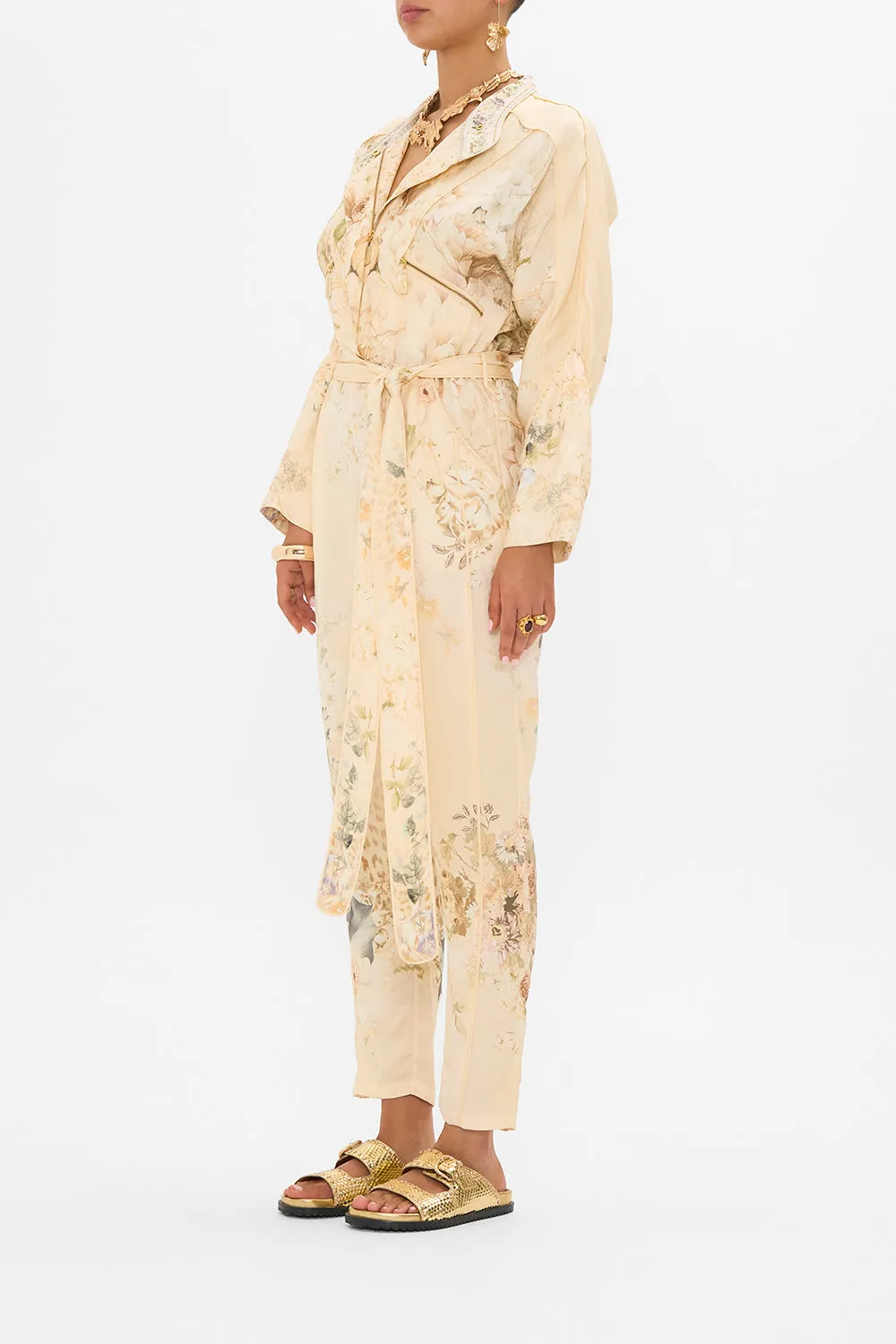 ZIP FRONT PANEL JUMPSUIT ADORNED IN ANTIQUITY